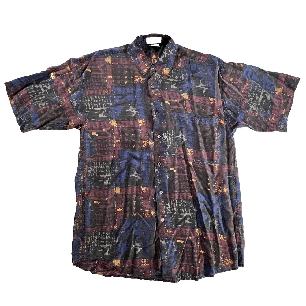 Montage Pour Homme Men's Multicolor Abstract Print 100% Silk Button Up Shirt M